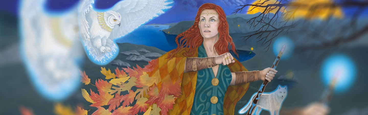 Illustration of goddess with red hair and a staff in a mountain landscape near water, catching an owl and supported by a wolf.